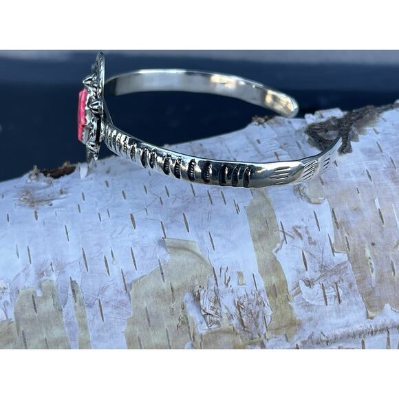 Sterling Silver Cuff Bracelet Pink Lab Opal Southwestern Star Native Style 7 3/8 - Picture 6 of 12